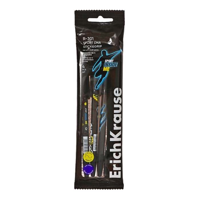 Набор ручек шариковых 4 штуки ErichKrause R-301 Stick & Grip Набор ручек шариковых 4 штуки ErichKrause R-301 Stick & Grip "Sport DNA", узел 0.7 мм, синие, с резиновым держателем, европодвес