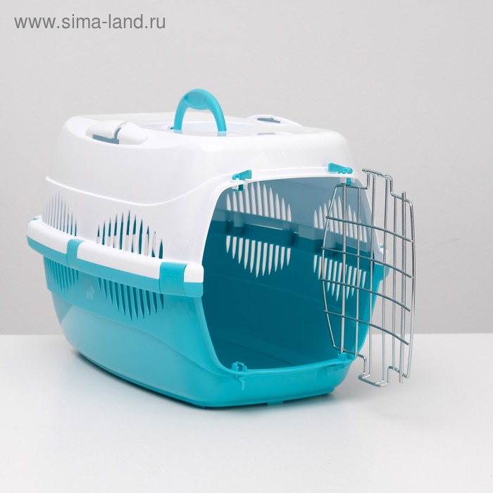 Переноска для животных до 12 кг  Переноска для животных до 12 кг "Пижон" 49х33х32см, металлическая дверь, бело-бирюзовая