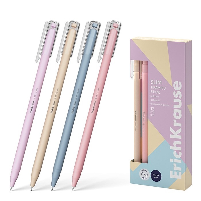 Ручка шариковая ErichKrause Slim Stick Ручка шариковая ErichKrause Slim Stick "Tiramisu", игольчатый узел 0.7 мм, синяя, тонкий дизайн Soft Touch, микс