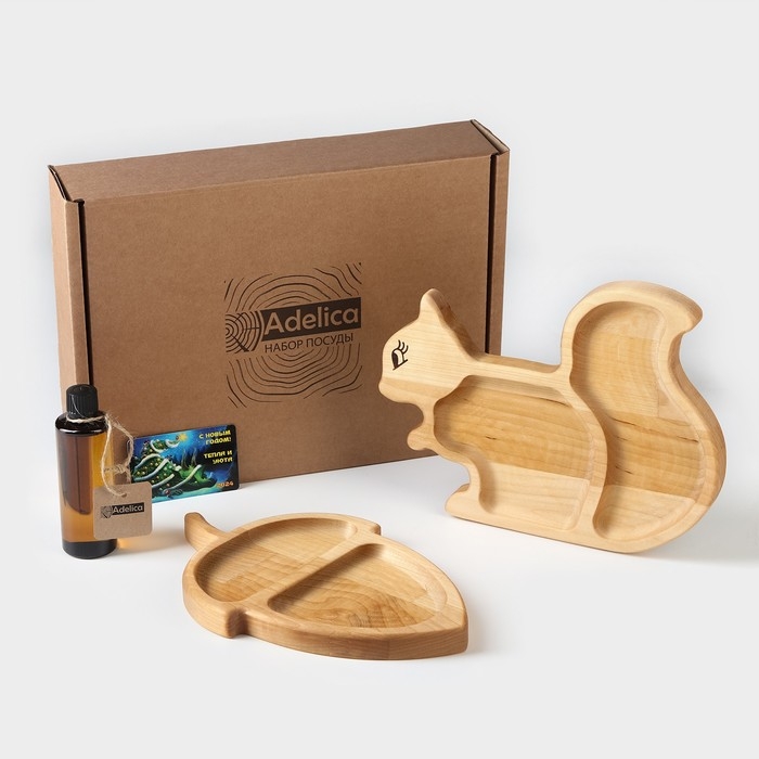 Подарочный набор деревянной посуды Adelica «Белка с орехом», менажницы: белка 25×19 см, орех 25×16 см, масло 100 мл, магнит в подарок Подарочный набор деревянной посуды Adelica «Белка с орехом», менажницы: белка 25×19 см, орех 25×16 см, масло 100 мл, магнит в подарок