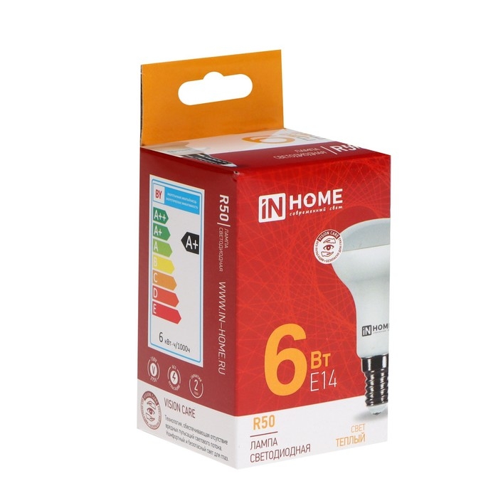 Лампа светодиодная IN HOME LED-R50-VC, 6 Вт, 230 В, Е14, 3000 К, 530 Лм Лампа светодиодная IN HOME LED-R50-VC, 6 Вт, 230 В, Е14, 3000 К, 530 Лм