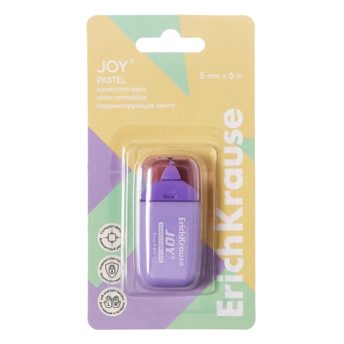Корректирующая лента 5 мм х 6 м, ErichKrause JOY Pastel, компактный размер, защитный колпачок, микс, блистер