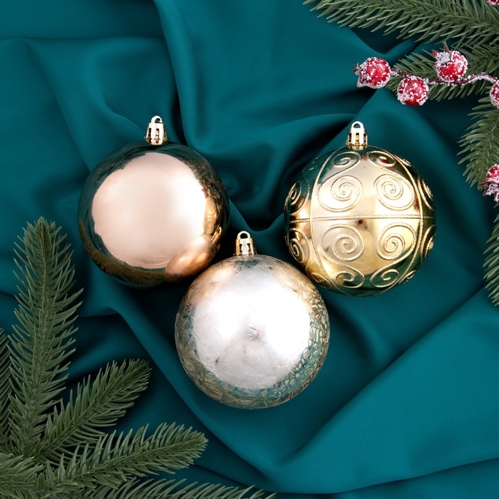 Набор шаров пластик d-8 см, 5 шт Набор шаров пластик d-8 см, 5 шт "Бахор" винтаж, золото