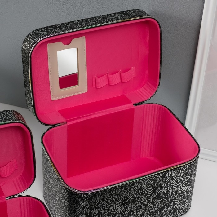 Шкатулка кожзам с зеркалом Шкатулка кожзам с зеркалом "Узоры, бабочки" чёрная н-р 3 шт 19х10,5х10,5 21х13х14 15х23х17см