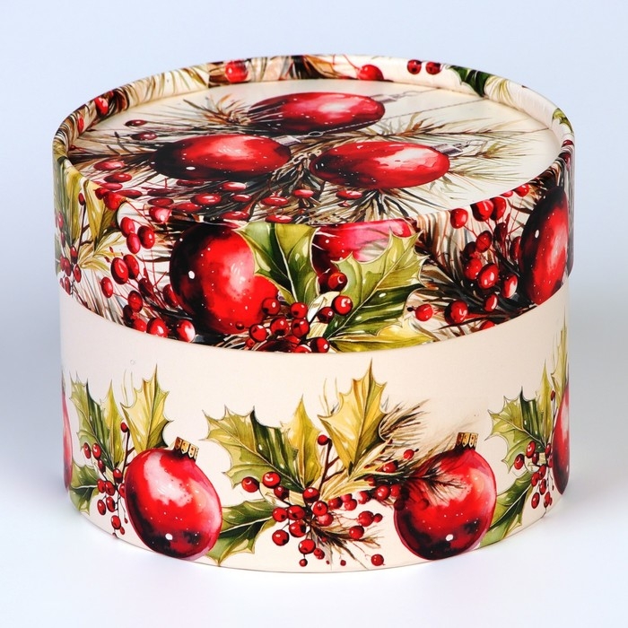 Новый год. Коробка подарочная новогодняя для макарун тубус без окна Новый год. Коробка подарочная новогодняя для макарун тубус без окна "Гранат", 12 х 8 см.