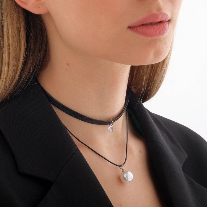 Чокер «Две нити» большая бусина, цвет белый в чёрном, L=39 Чокер «Две нити» большая бусина, цвет белый в чёрном, L=39