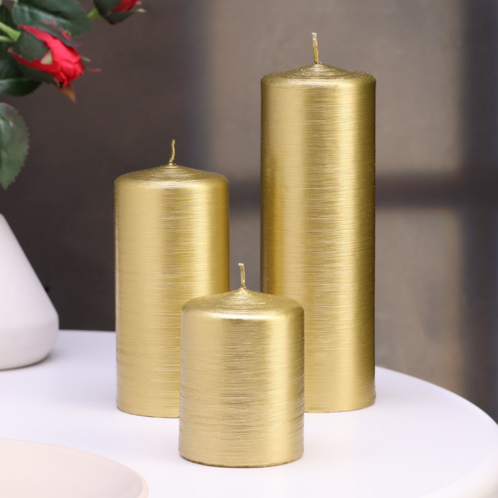 Набор свечей-цилиндров на подставке "Интерьерный", 3 шт, золотой