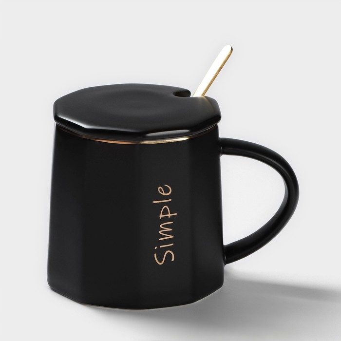 Кружка керамическая с ложкой Simple, 350 мл, цвет чёрный Кружка керамическая с ложкой Simple, 350 мл, цвет чёрный