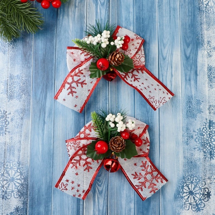 Украшение ёлочное Украшение ёлочное "Еловая композиция" (набор 2 шт) бант с принтом, 13х12 см, бело-красный