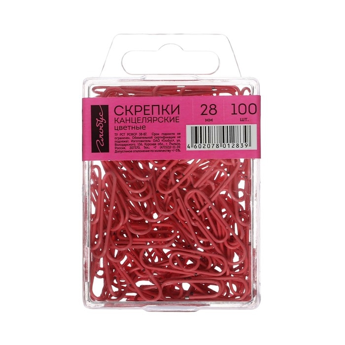 Скрепки канцелярские 28 мм, цветные, 100 штук, GLOBUS розовые, евробокс Скрепки канцелярские 28 мм, цветные, 100 штук, GLOBUS розовые, евробокс