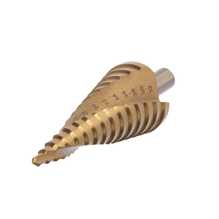 Сверло ступенчатое ТУНДРА ПРОФИ, HSS, TiN, спиральный профиль, трехгран. хвостовик, 4-32 мм Сверло ступенчатое ТУНДРА ПРОФИ, HSS, TiN, спиральный профиль, трехгран. хвостовик, 4-32 мм