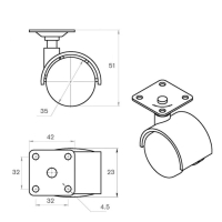 Колесо мебельное, d=35 мм, на площадке, прозрачное