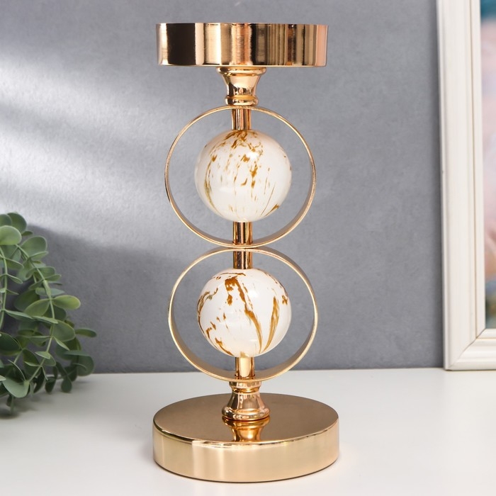 Подсвечник металл на 1 свечу  Подсвечник металл на 1 свечу "Два белых мраморных шара в сферах" золото 27х12х12 см