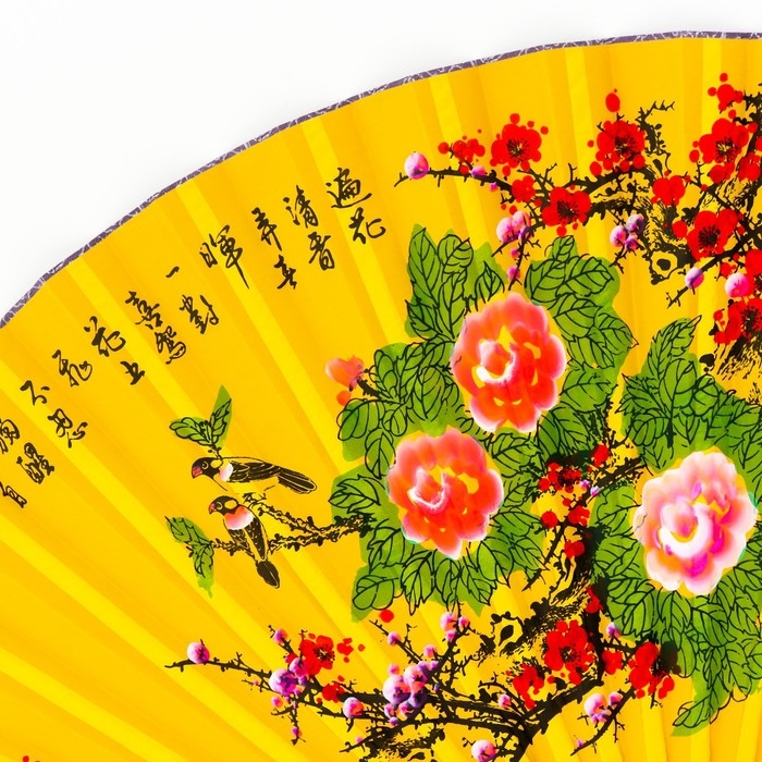 Веер бамбук, текстиль h=90 см  Веер бамбук, текстиль h=90 см "Сакура и пионы" жёлтый
