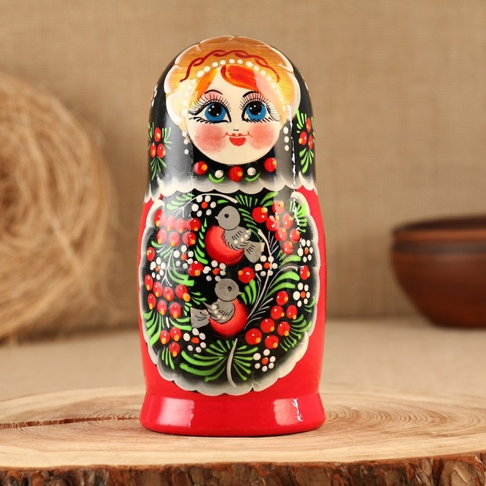 Матрёшка «Снегири в рябине», чёрный платок, 5 кукольная, 15 -18 см Матрёшка «Снегири в рябине», чёрный платок, 5 кукольная, 15 -18 см