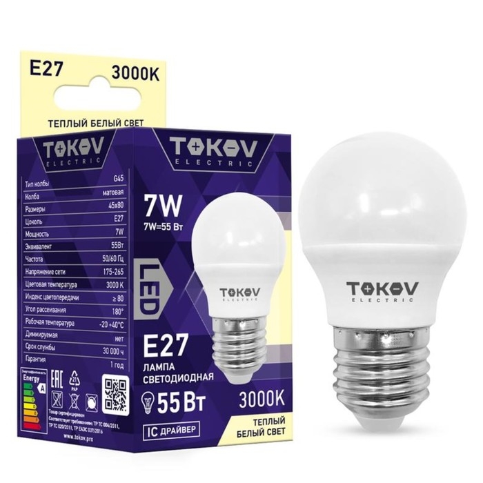 Лампа светодиодная TOKOV ELECTRIC, 7 Вт, G45, 3000 К, Е27, 176-264В Лампа светодиодная TOKOV ELECTRIC, 7 Вт, G45, 3000 К, Е27, 176-264В