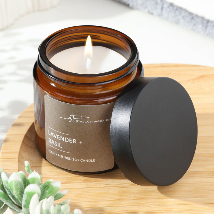 Свеча ароматическая в банке  Свеча ароматическая в банке "LAVENDER BASIL", соевый воск, 90 г, лаванда и базилик