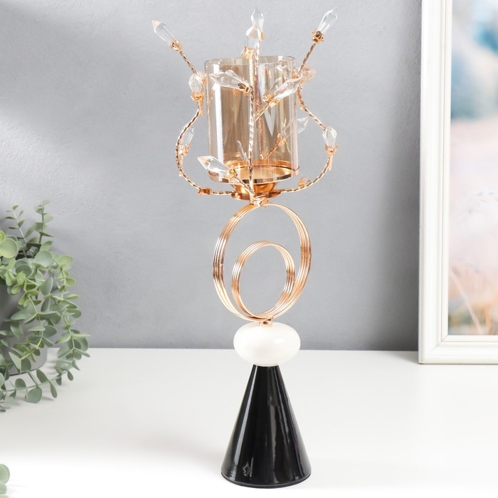 Подсвечник металл на 1 свечу Подсвечник металл на 1 свечу "Веточки с кристаллами. Два кольца" золото 38х17х17 см