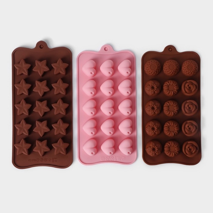 Набор форм для конфет и шоколада Доляна «Сердечки. Звездочки. Цветы», 3 шт, силикон Набор форм для конфет и шоколада Доляна «Сердечки. Звездочки. Цветы», 3 шт, силикон