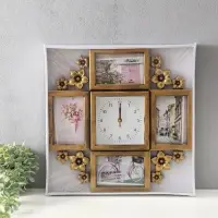 Фоторамка - коллаж на 4 фото 10&times;15 см с часами настенными бесшумными (14&times;14 см) &laquo;Цветы&raquo;, 42&times;42 см