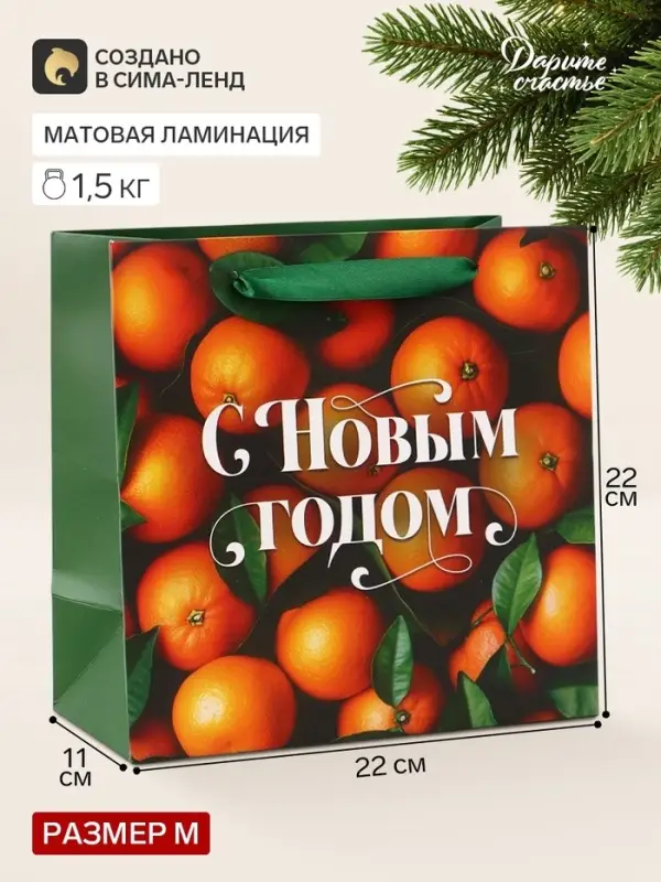 Пакет подарочный &laquo;С Новым годом&raquo;, мандарины, 22&times;22&times;11 см
