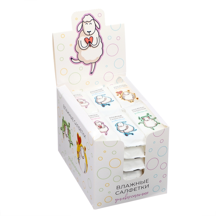 Влажные салфетки Влажные салфетки "Овечки" универсальные, с хлопком, шоу-бокс, 36 упаковок по 8 шт