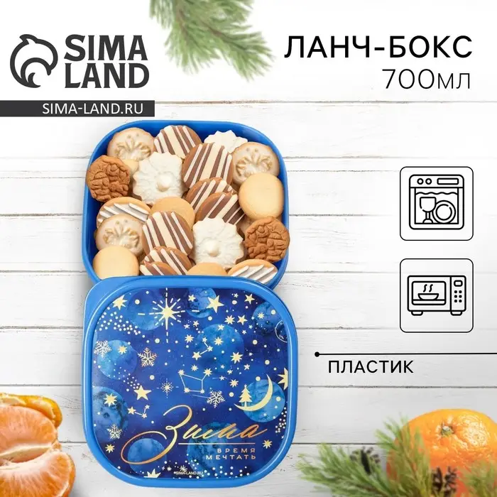 Ланч-бокс новогодний «Зима время мечтать», 700 мл, синий