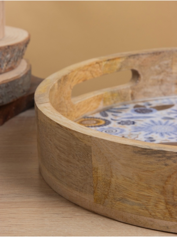 Поднос круглый с бортиками Поднос круглый с бортиками "Васильки" дерево манго 35х35х6,5 см