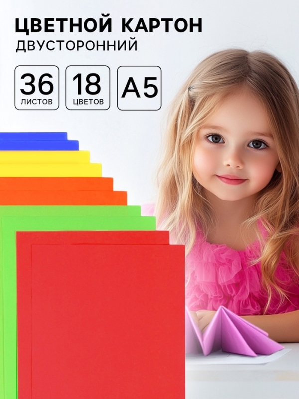 Картон цветной тонир., А5, 36 л., 18 цв., немел., 2ст., 180 г/м&sup2;