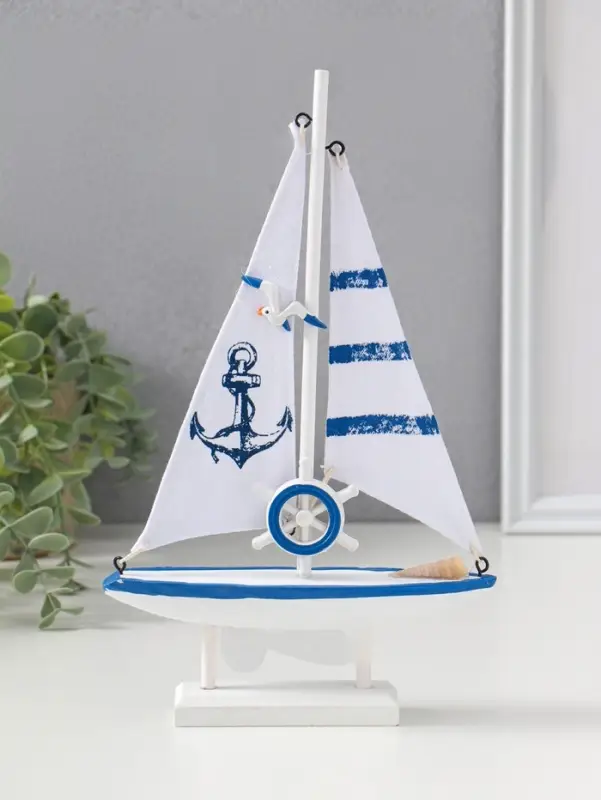 Сувенир дерево "Парусник с якорем на парусе" бело-синий 16,5х4,5х27,5 см