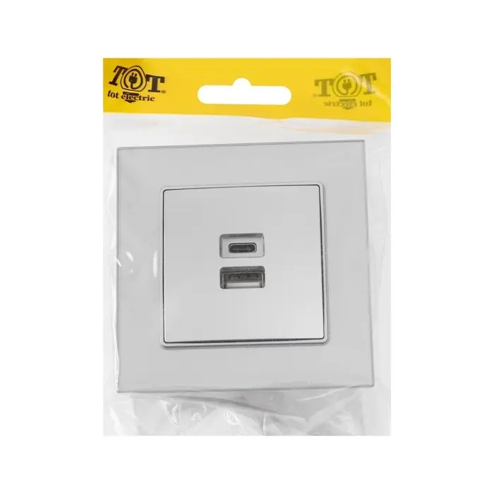 Розетка TOT Glossy Glass, 5 В, 2.1 A, разъёмы USB-A + USB-C, стекло, скрытая, серебристая