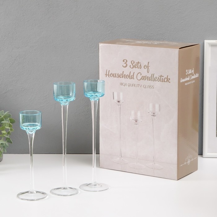 Подсвечник стекло набор 3 шт Подсвечник стекло набор 3 шт "Прозрачность мыслей" высота 26см-2шт., 20 см- 1шт. синий