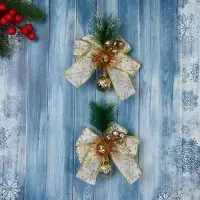 Ёлочные игрушки 2 шт. &laquo;Зимнее волшебство. Еловая композиция&raquo; пластик, бант с принтом, 11&times;13 см, бело-золотой