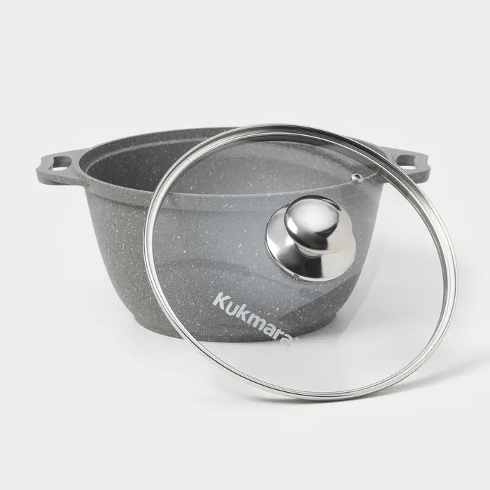 Кастрюля KUKMARA &laquo;Мраморная&raquo;, 3 л, d=24 см, со стеклянной крышкой, антипригарное покрытие, литой алюминий, серая
