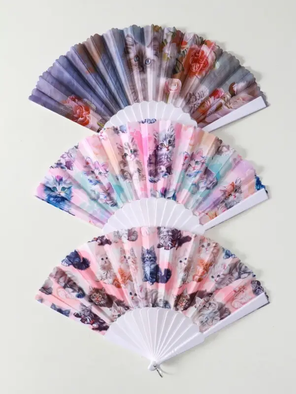 Веер пластик, текстиль Веер пластик, текстиль "Кошечки и цветы" МИКС широкие лопасти 23 см