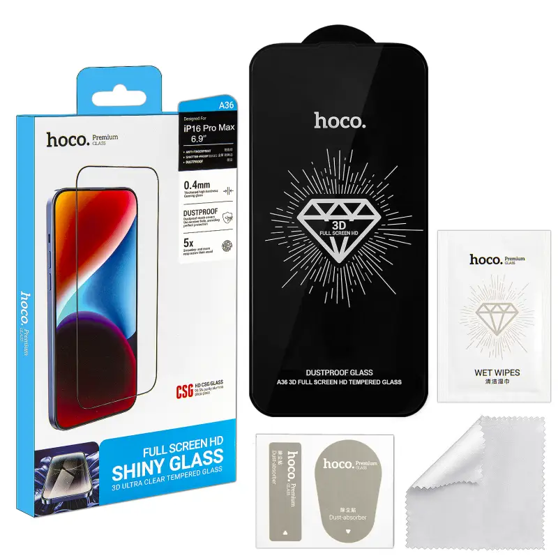 Защитное стекло iPh 16 Pro Max 3D Full Screen HD A36 HOCO черное Защитное стекло iPh 16 Pro Max 3D Full Screen HD A36 HOCO черное