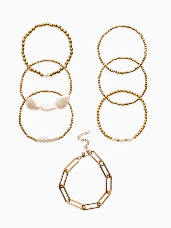 Браслет жемчуг "Барочный с цепями" (набор 7шт) , цвет белый в золоте