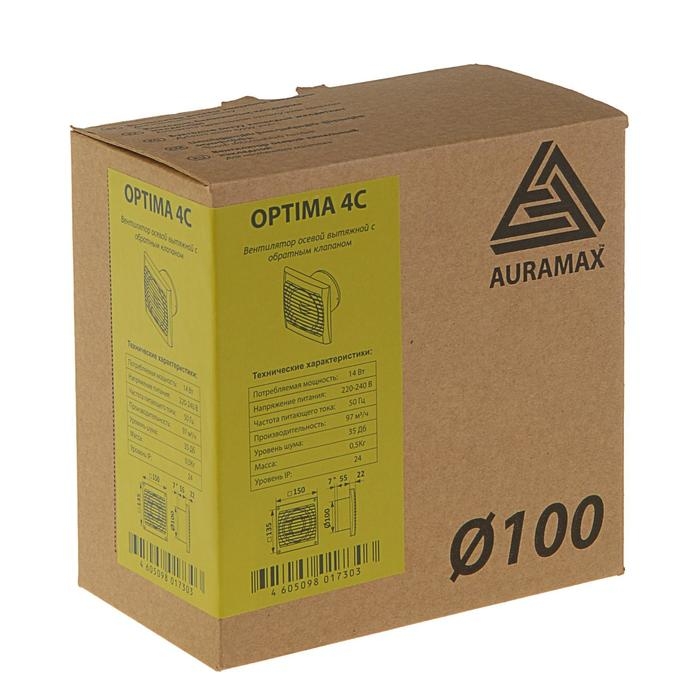 Вентилятор вытяжной AURAMAX OPTIMA 4С, 150х150 мм, d=100 мм, 220‒240 В, с обратным клапаном Вентилятор вытяжной AURAMAX OPTIMA 4С, 150х150 мм, d=100 мм, 220‒240 В, с обратным клапаном