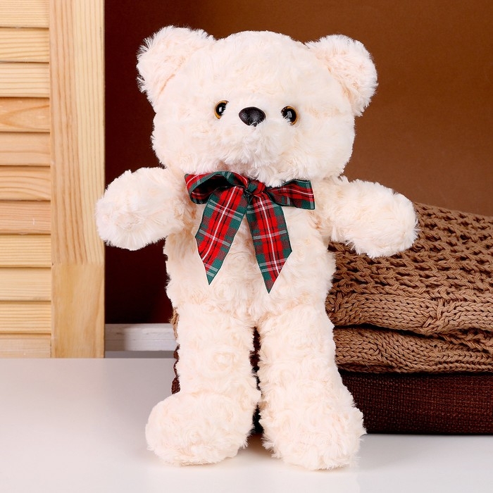 Мягкая игрушка «Медвежонок» с клетчатым бантиком, 30 см, цвет белый