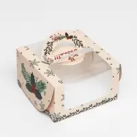 Коробка под бенто - торт с окном «Новогодняя с шишками», 14×14×8 см, Новый год