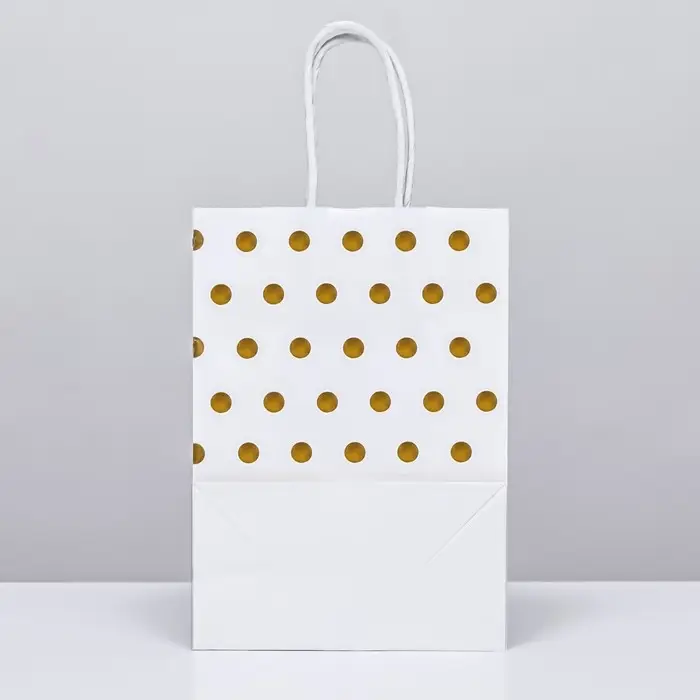Пакет крафт с золотым тиснением, круглая ручка, белый, 15×21×8 см, 120 г Пакет крафт с золотым тиснением, круглая ручка, белый, 15×21×8 см, 120 г