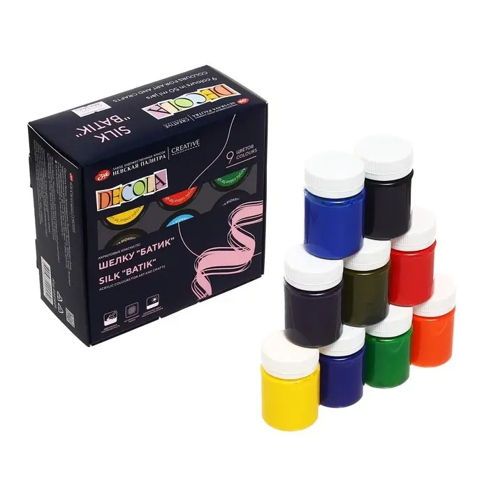 Краска по ткани (шелку), набор 9 цветов &times; 50 мл, ЗХК Decola &laquo;Батик&raquo; акриловая на водной основе, (4441449)