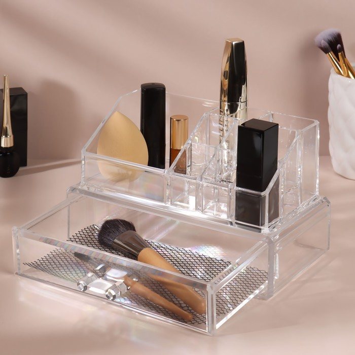 Органайзер для хранения, 9 секций, с выдвижным ящиком, 18,5 × 10 × 11,5 см, в картонной коробке, цвет прозрачный