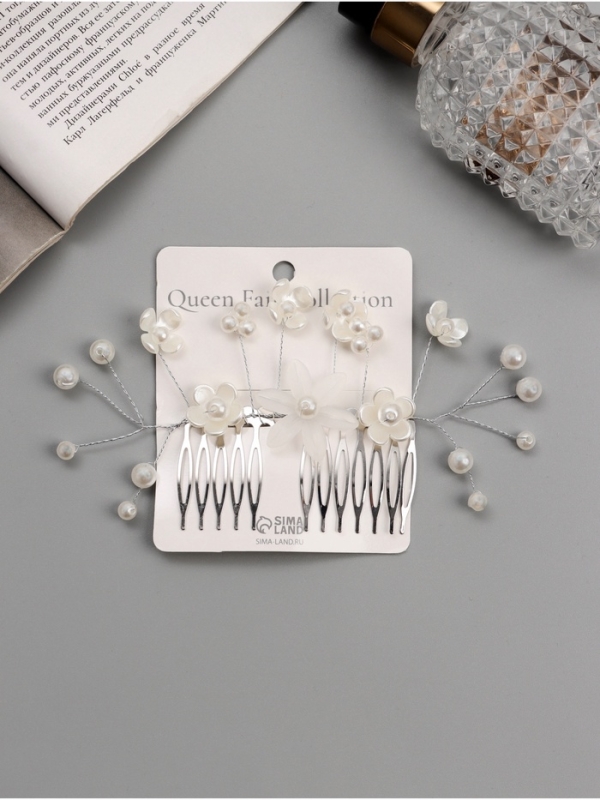 Гребень для волос Гребень для волос "Эмилия" цветы бусинки, 11х6,5 см, белый