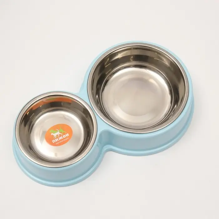 Миска металлическая двойная на пластиковом основании, 28 х 17,3 х 5 см, голубая Миска металлическая двойная на пластиковом основании, 28 х 17,3 х 5 см, голубая