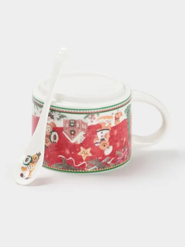 Кружка новогодняя «Пряничный домик», с ложкой, 280 мл, керамика, подарочная упаковка, красная Кружка новогодняя «Пряничный домик», с ложкой, 280 мл, керамика, подарочная упаковка, красная