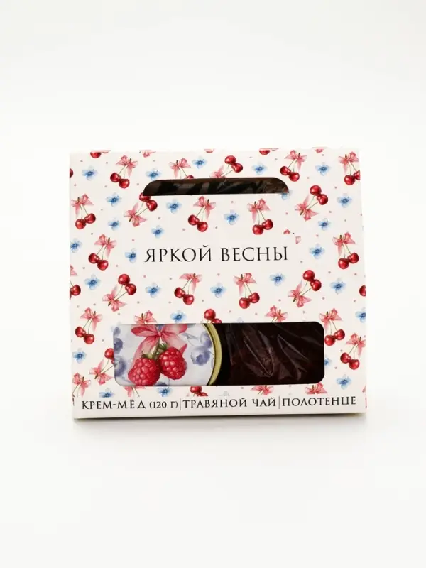 Набор с крем-мёдом, чаем и полотенцем в коробке "Весенний паттерн"