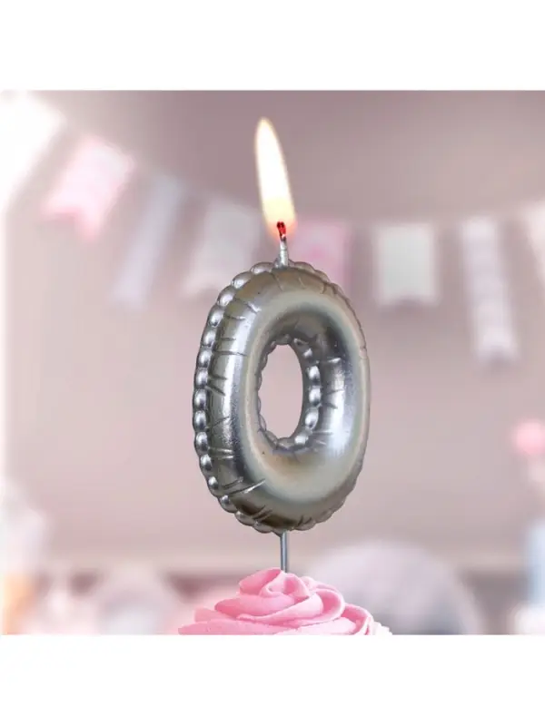 Свеча в торт на шпажке "Воздушая цифра", цифра "0", серебро