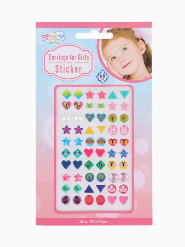 Серьги наклейки детские, пластик, улыбка, фигуры, цветные