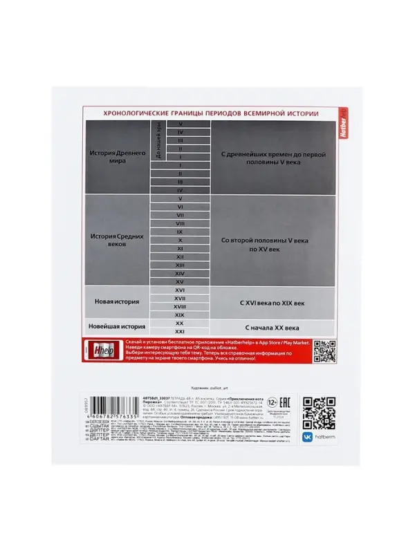 Предметная тетрадь по истории Hatber &laquo;Приключения кота Пирожка&raquo;, 48 листов, в клетку, со справочным материалом, обложка из мелованной бумаги